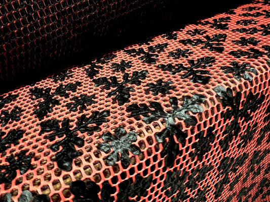 Couture fabric, per metre - 3D scuba mesh with floral appliqué - black on coral