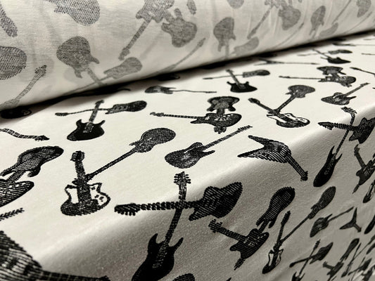 Cotton single jersey fabric, per metre - electric guitars print - white & black