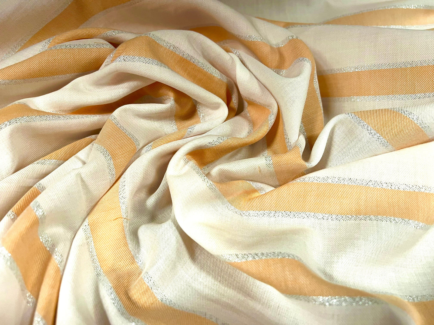 Woven cotton dress shirt fabric, per metre - metallic stripe - orange cream & silver