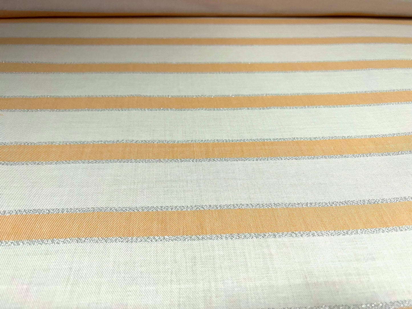 Woven cotton dress shirt fabric, per metre - metallic stripe - orange cream & silver