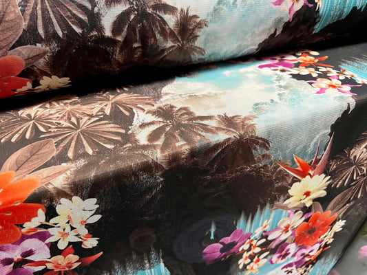 Lightweight mesh net fabric, sheer, per metre - tropical paradise print