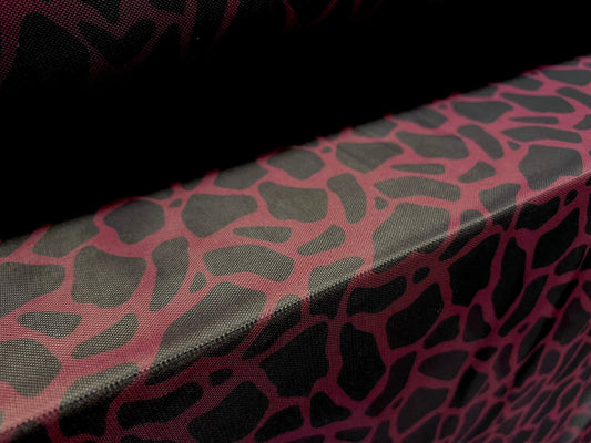 Power mesh net stretch spandex fabric, per metre - giraffe animal print - wine & black