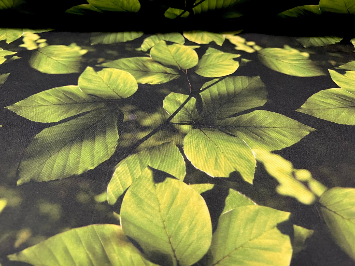 Scuba neoprene style stretch spandex double jersey fabric, per metre - leaf print - black & green