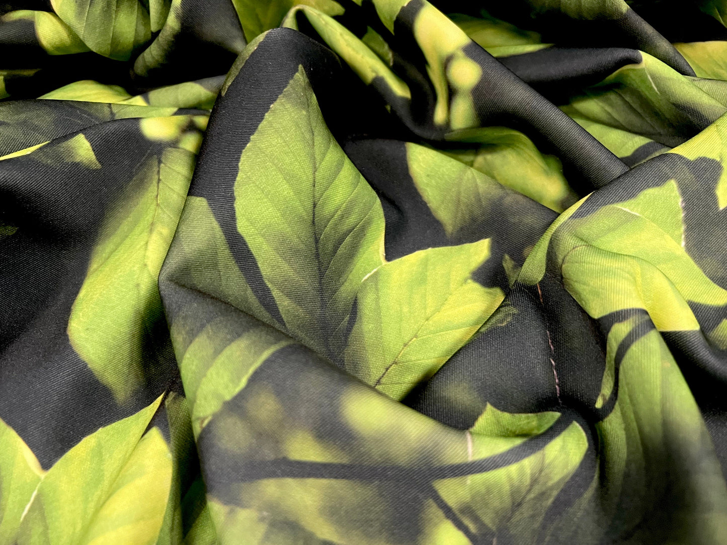 Scuba neoprene style stretch spandex double jersey fabric, per metre - leaf print - black & green