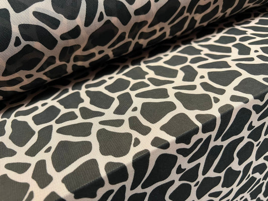 Power mesh net stretch spandex fabric, per metre - giraffe animal print - nude & black