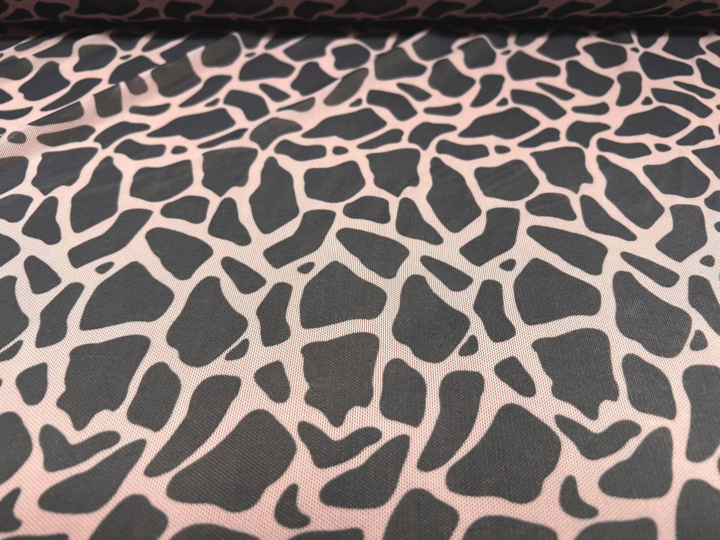 Power mesh net stretch spandex fabric, per metre - giraffe animal print - blush & grey