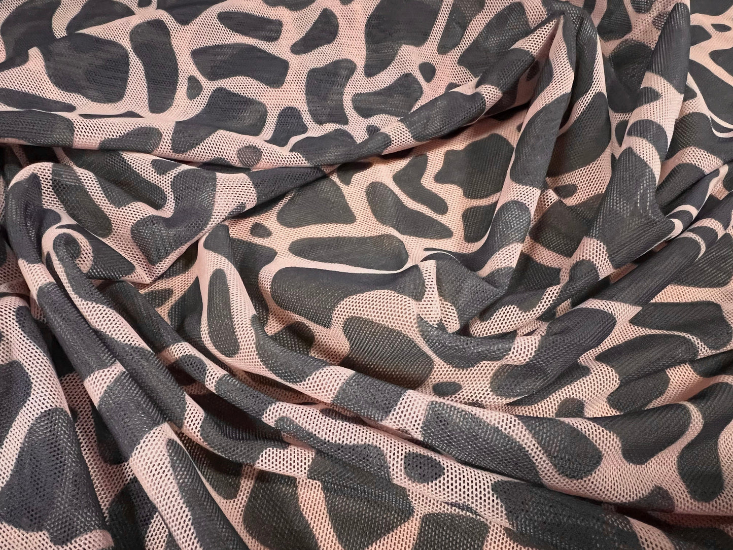 Power mesh net stretch spandex fabric, per metre - giraffe animal print - blush & grey