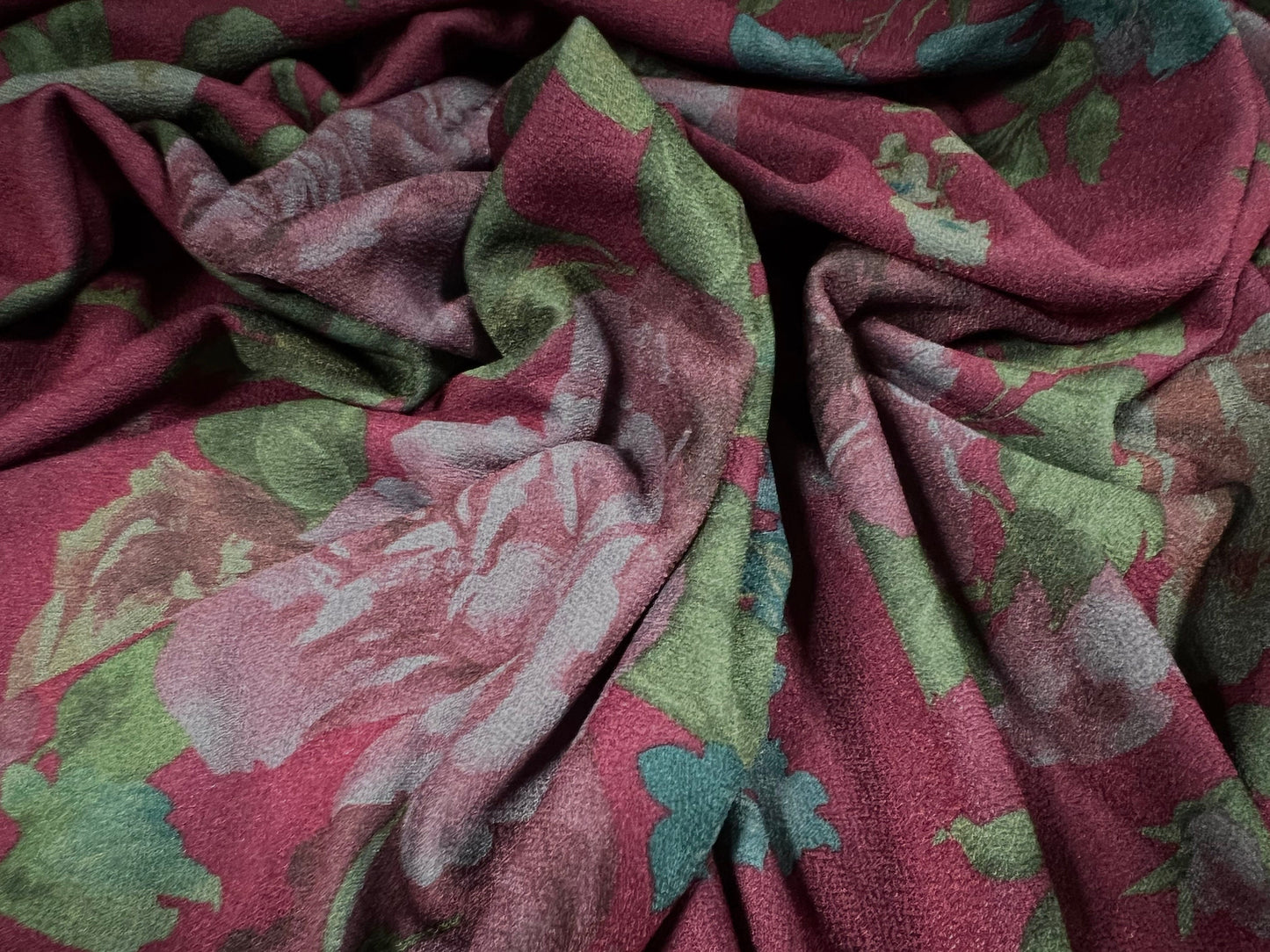 Valentino scuba style stretch jersey fabric, per metre - rose flower print - plum