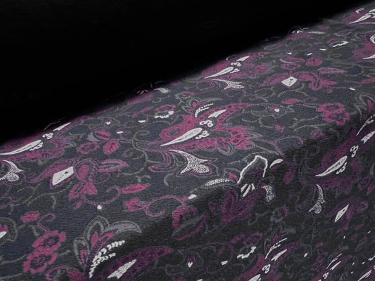 Crepe single jersey fabric, per metre - paisley print - navy blue, wine & white