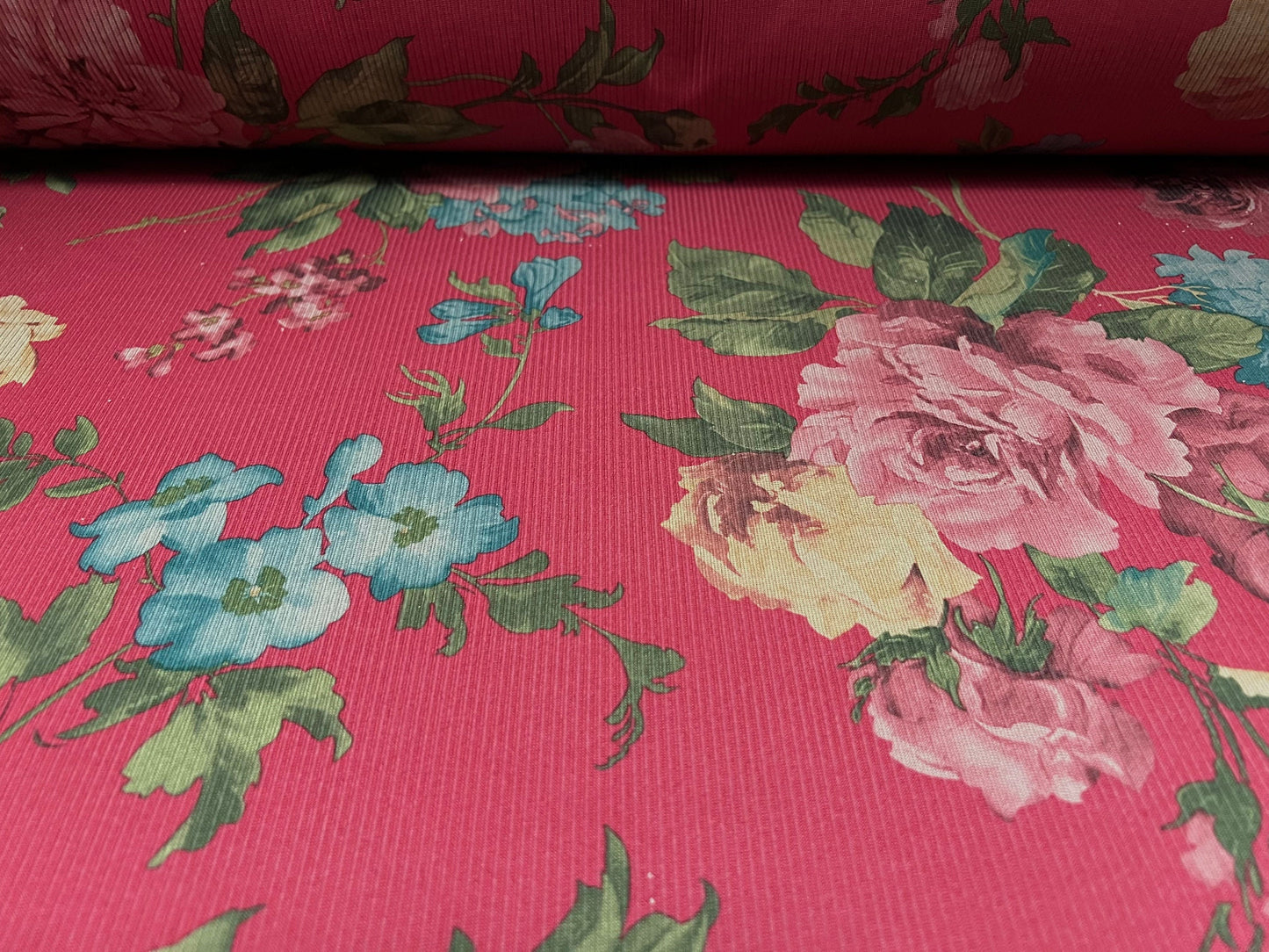 Soft touch rib jersey knit fabric, per metre - rose flower print - red