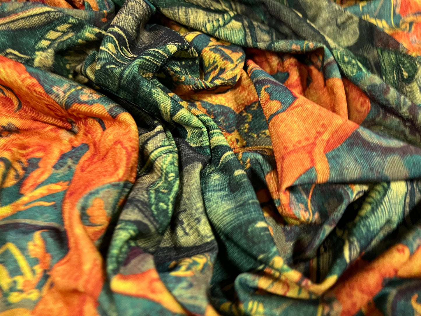 Finely textured stretch spandex single jersey fabric, per metre - Henry Tudor King & Queen Royal print - teal orange