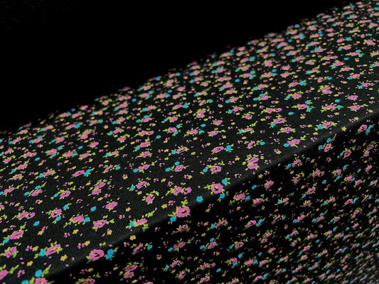 Viscose spandex stretch single jersey fabric, per metre - Ditsy flower print - black & magenta
