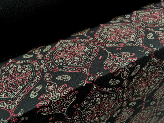 Viscose spandex stretch single jersey fabric, per metre - Persian paisley tile print - black & wine