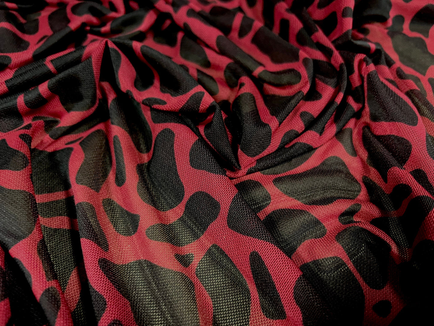 Power mesh net stretch spandex fabric, per metre - giraffe animal print - bordeaux & black