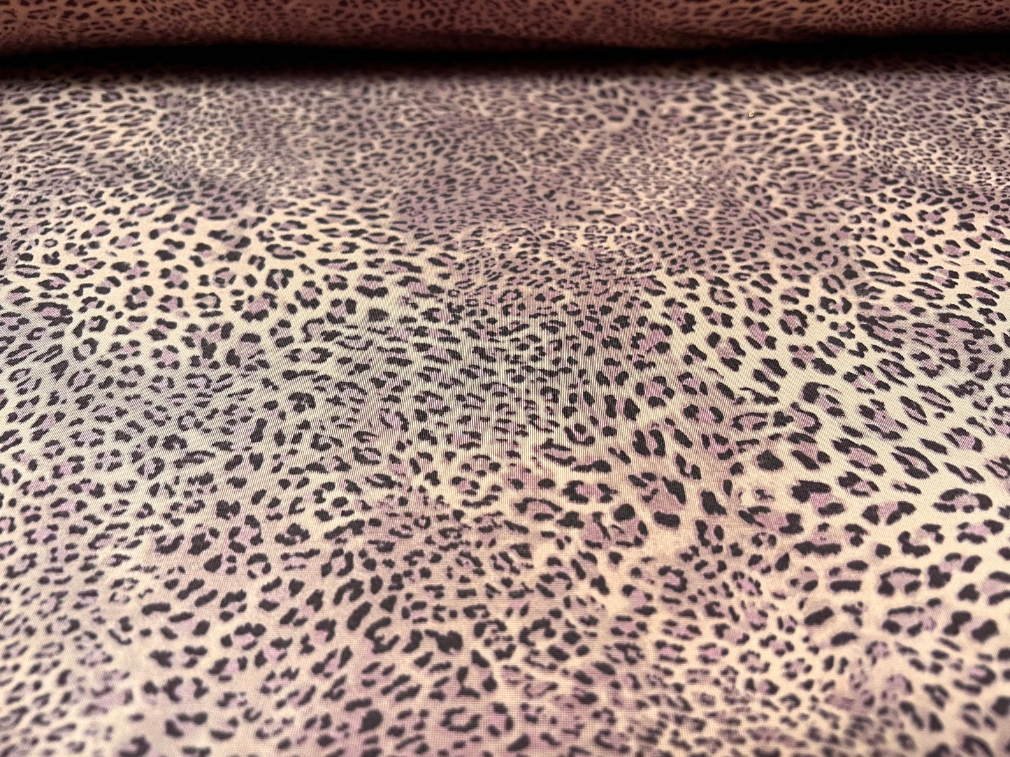 Soft touch Stretch spandex jersey fabric, per metre - small Leopardskin print - violet & nude