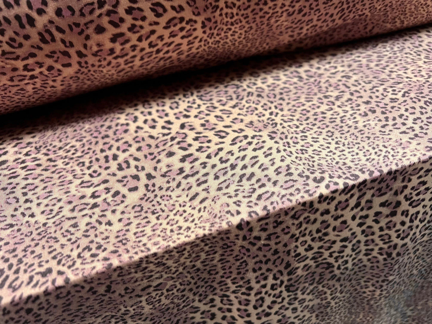 Soft touch Stretch spandex jersey fabric, per metre - small Leopardskin print - violet & nude