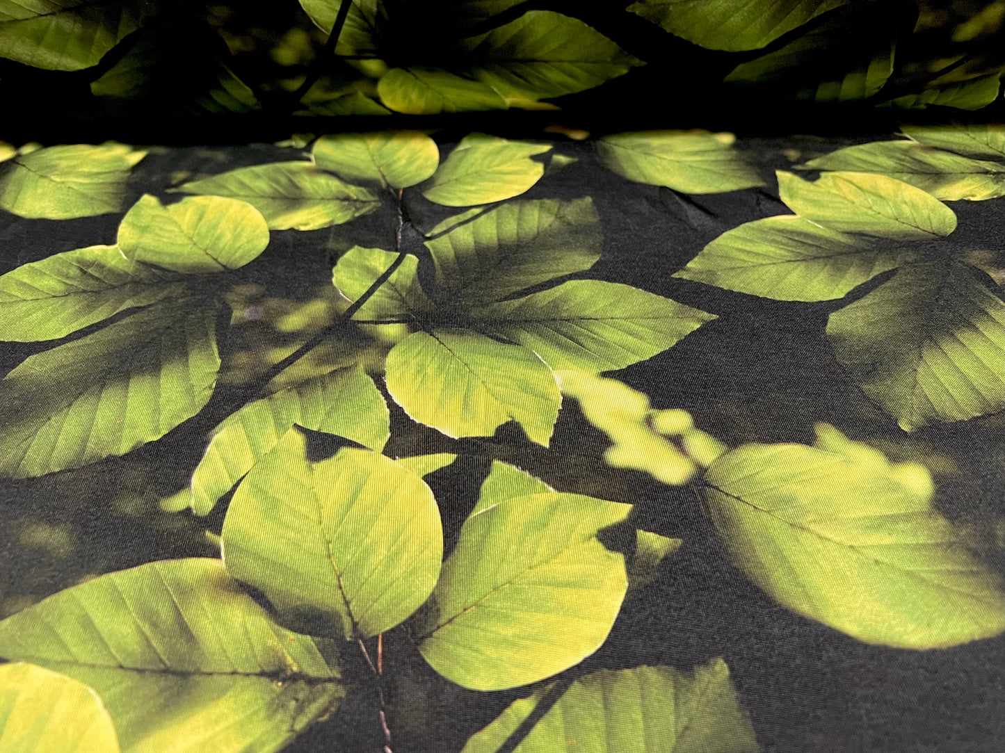 Soft touch Stretch spandex jersey fabric, per metre - leaf print -black & green