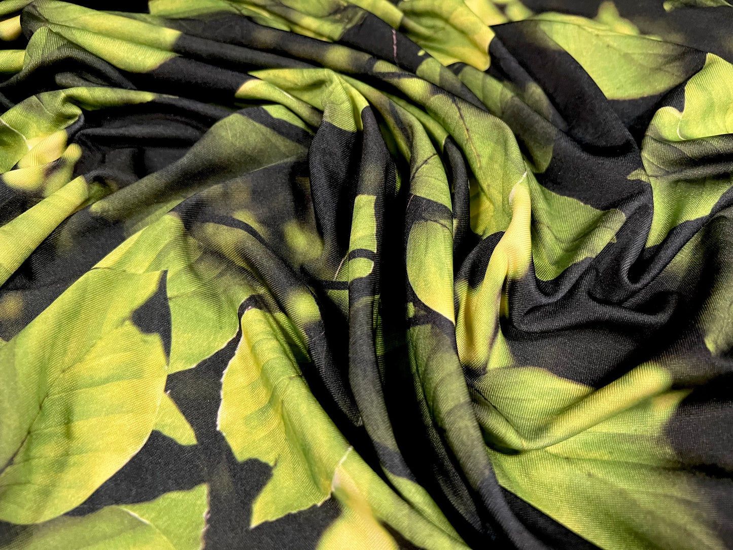 Soft touch Stretch spandex jersey fabric, per metre - leaf print -black & green