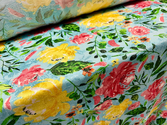Woven jacquard dress fabric, per metre -flower print - blue pink & yellow