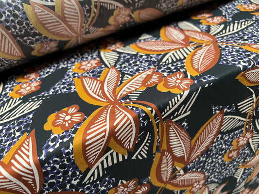 Cotton lawn woven dress fabric, per metre - floral print - black & terracotta