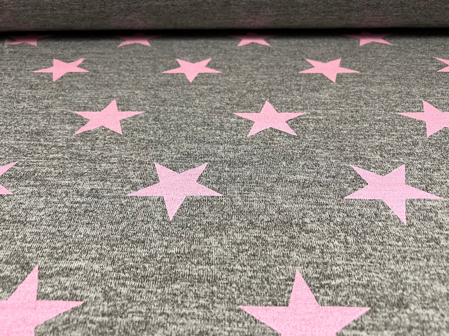 Melange knitwear stretch jersey fabric, per metre -stars print -grey marl & pink