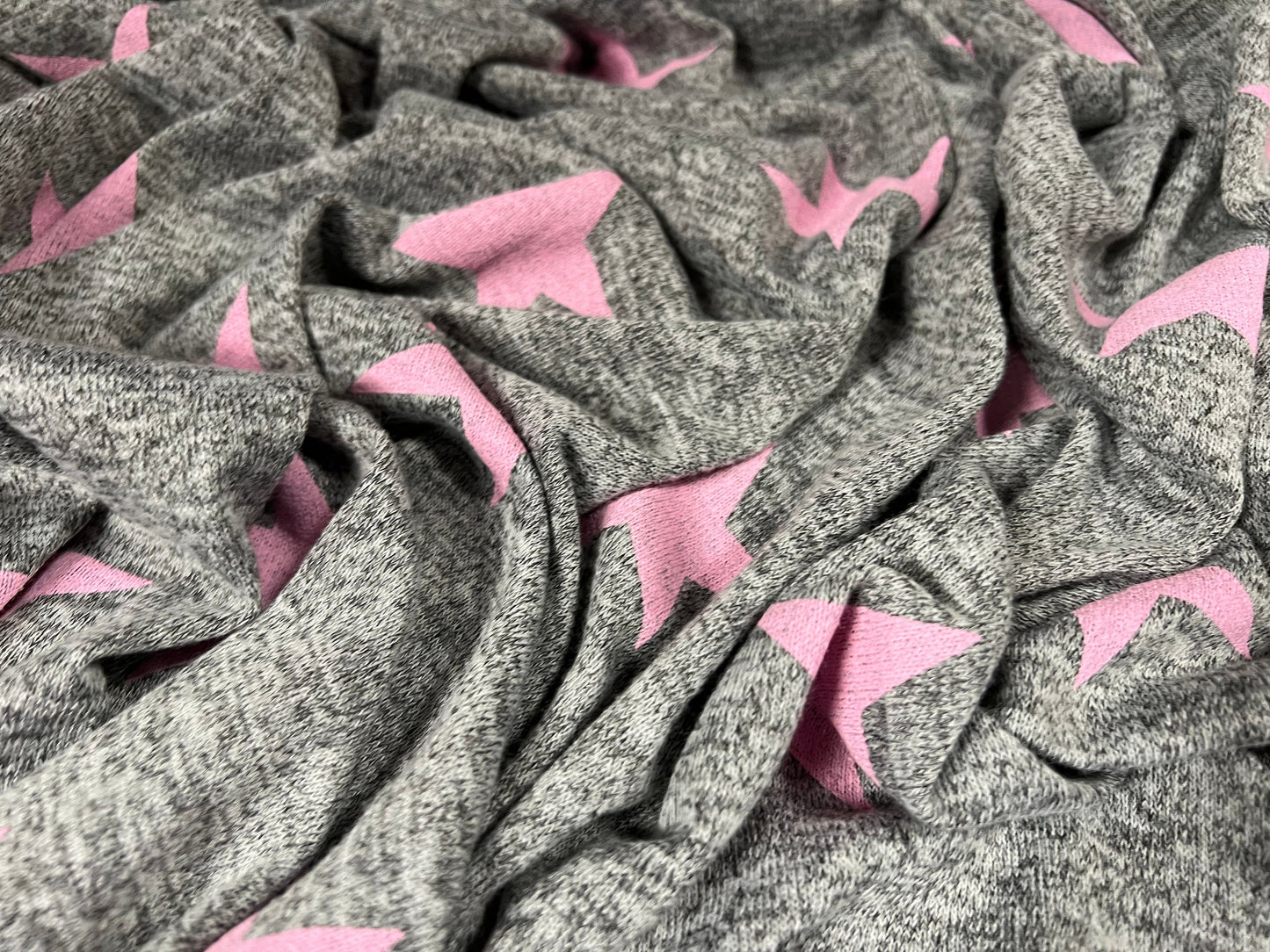 Melange knitwear stretch jersey fabric, per metre -stars print -grey marl & pink