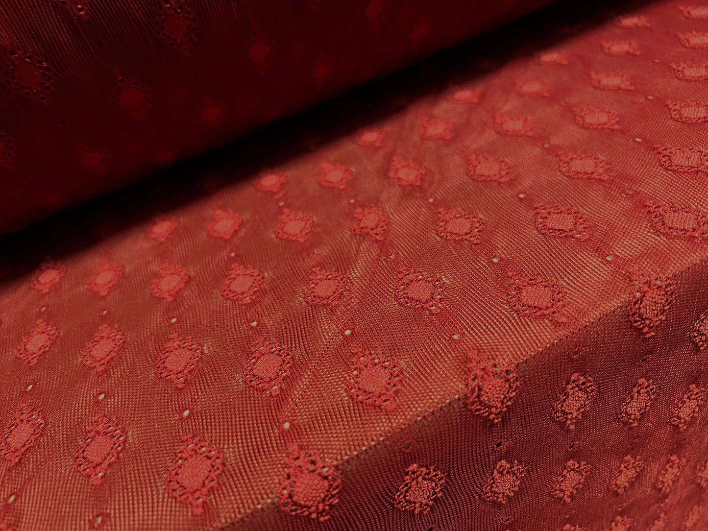Power mesh net stretch spandex fabric, per metre - jacquard embroidery design - Brick red