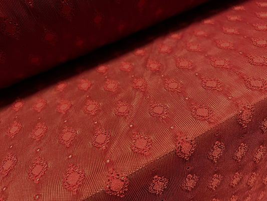 Power mesh net stretch spandex fabric, per metre - jacquard embroidery design - Brick red