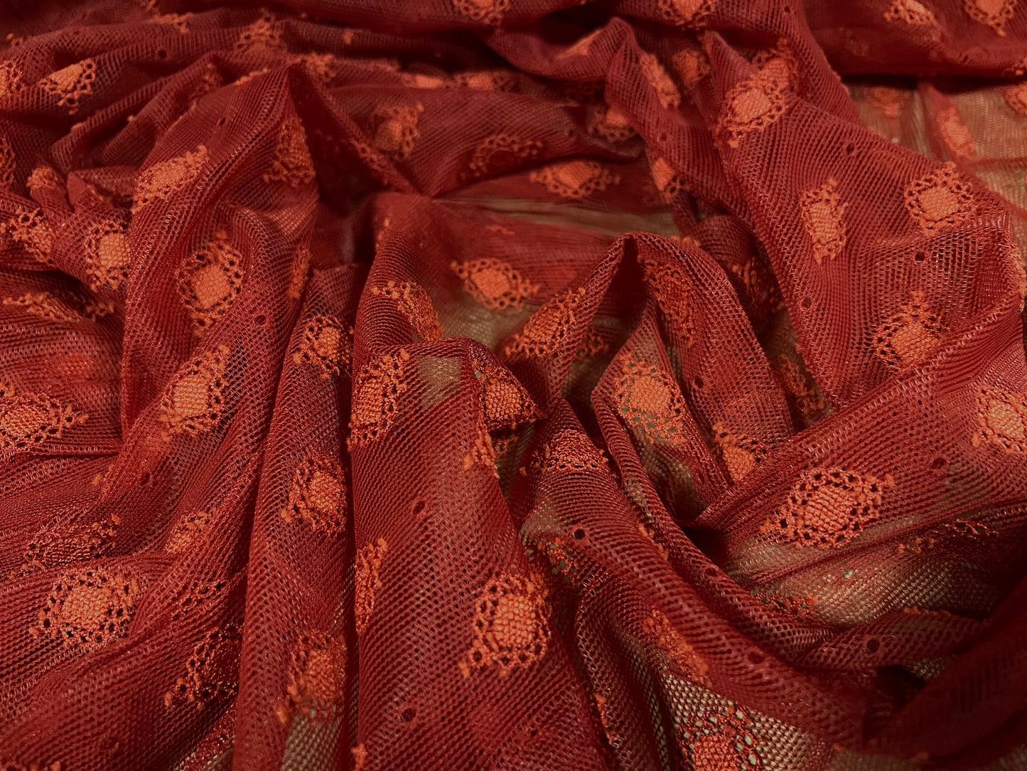 Power mesh net stretch spandex fabric, per metre - jacquard embroidery design - Brick red