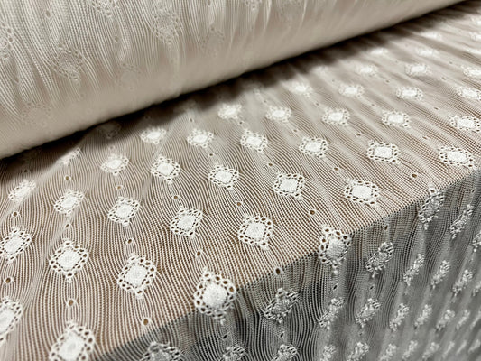 Power mesh net stretch spandex fabric, per metre - jacquard embroidery design - White