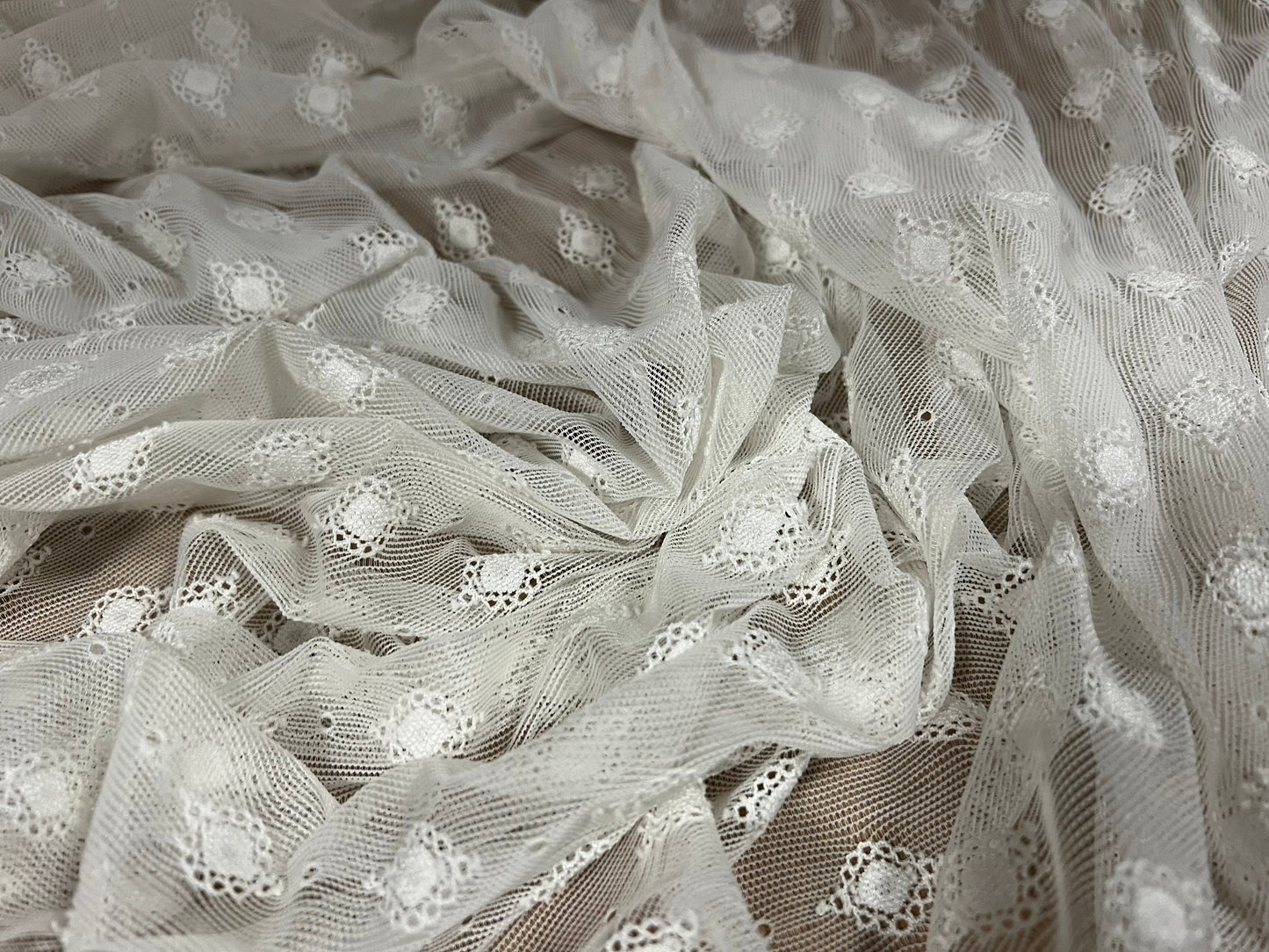 Power mesh net stretch spandex fabric, per metre - jacquard embroidery design - White