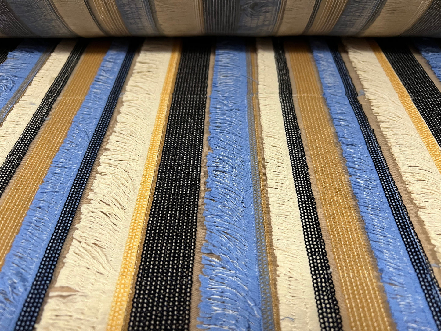 Couture dress fabric, per metre- sequinned and frilled stripe - blue & cream