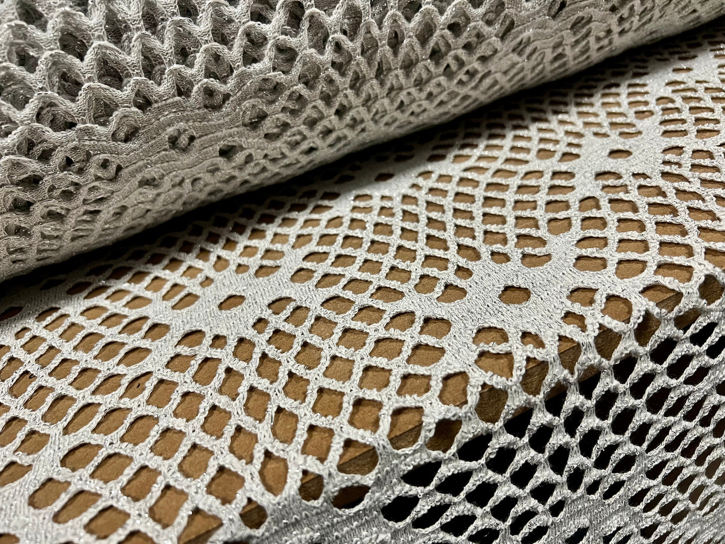 Metallic  crochet knitwear jersey fabric, per metre - silver lurex