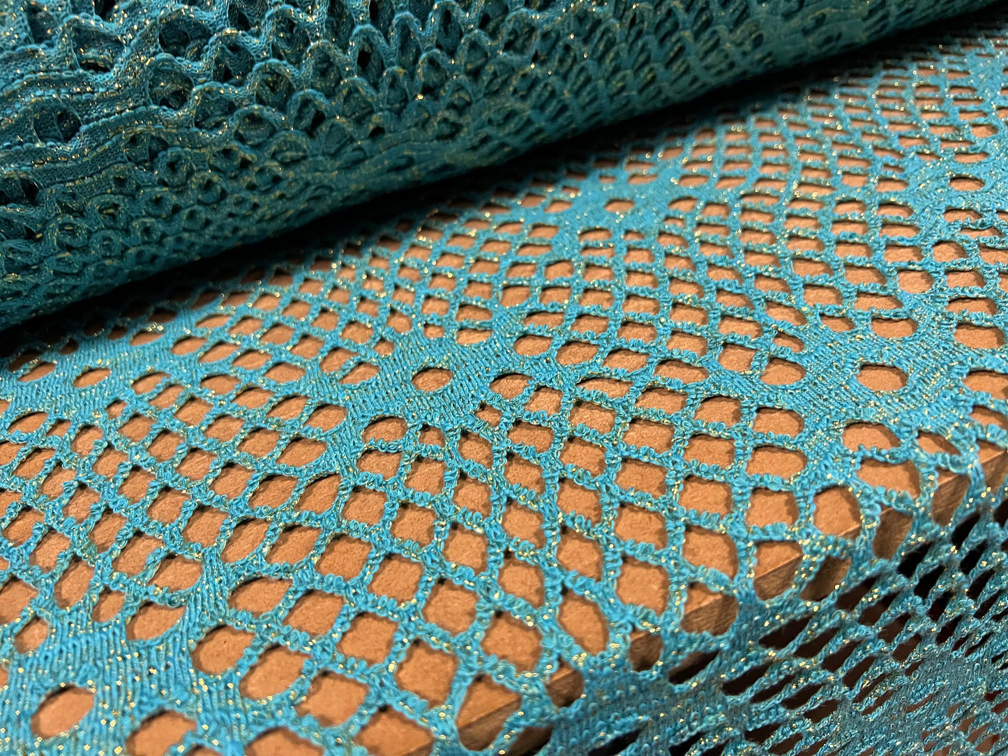 Metallic crochet knitwear jersey fabric, per metre - turquoise with gold lurex