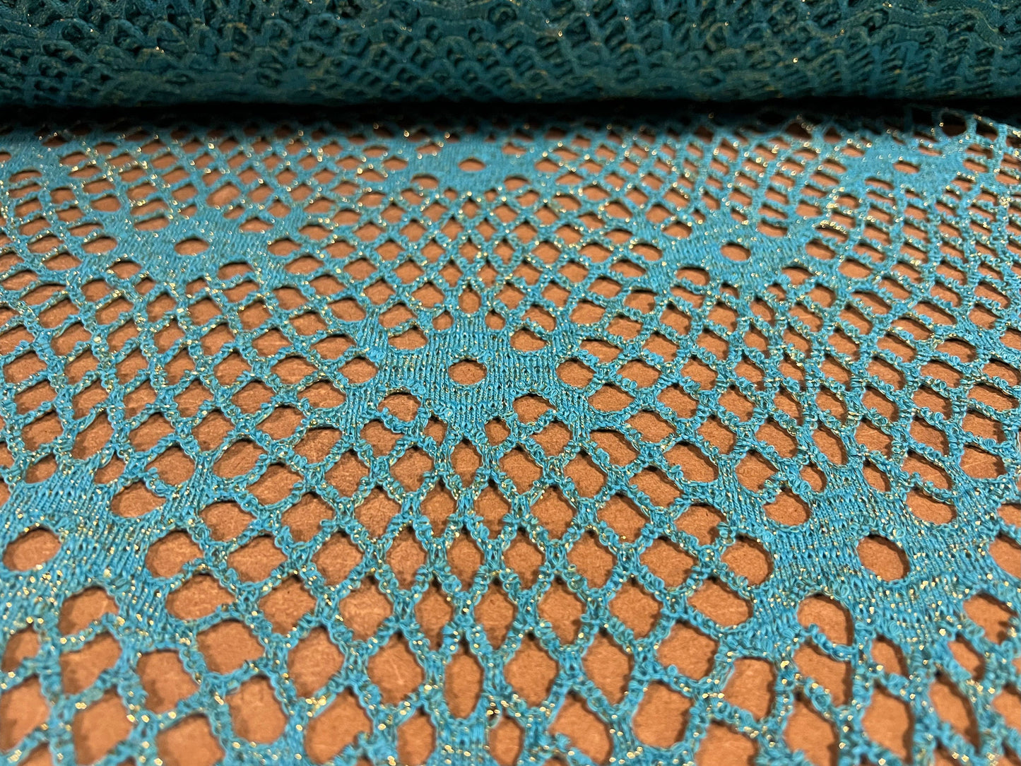 Metallic crochet knitwear jersey fabric, per metre - turquoise with gold lurex