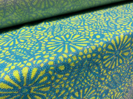 Couture designer fabric, per metre - sequin flowers design - turquoise & lime