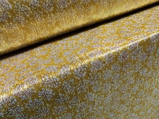 Textured satin dress fabric, per metre - ditsy flower print - gold metallic