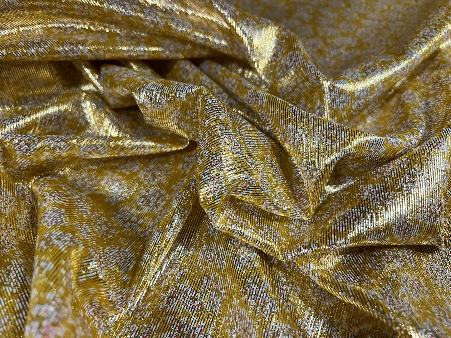 Textured satin dress fabric, per metre - ditsy flower print - gold metallic