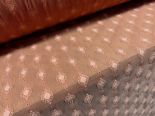 Power mesh net stretch spandex fabric, per metre - jacquard embroidery design - Salmon pink