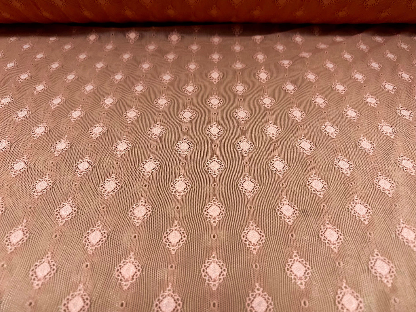 Power mesh net stretch spandex fabric, per metre - jacquard embroidery design - Salmon pink