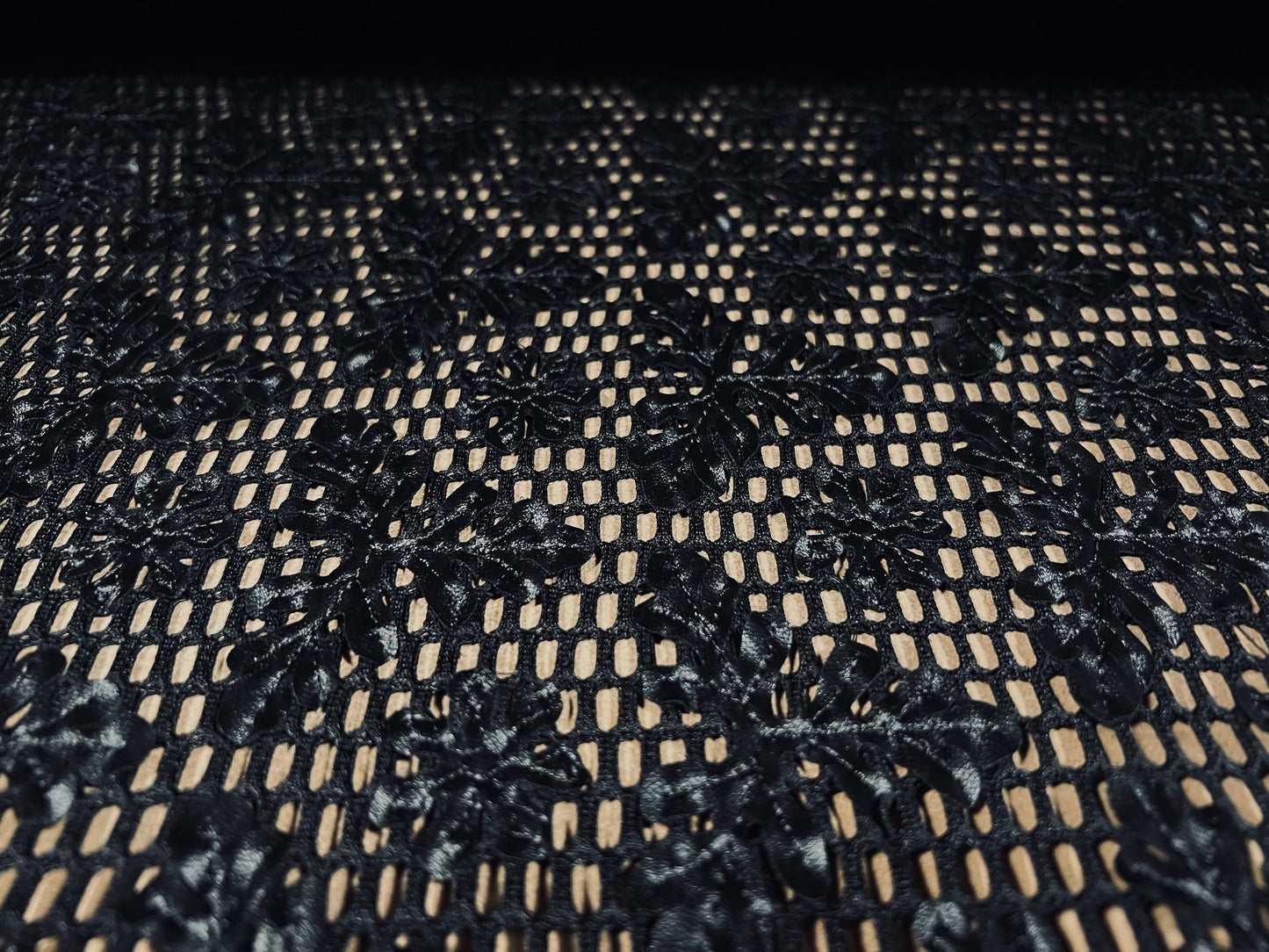 Couture fabric, per metre - 3D scuba mesh with floral appliqué - black on black