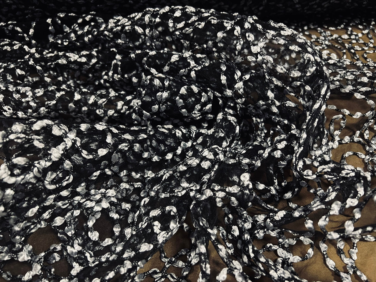 Couture dress fabric, per metre - metallic embroidered swirl chiffon - black & silver