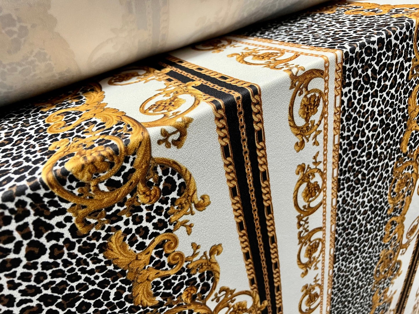 Valentino crepe spandex jersey fabric - similar to scuba - per metre - designer Leopardskin & gold chains print