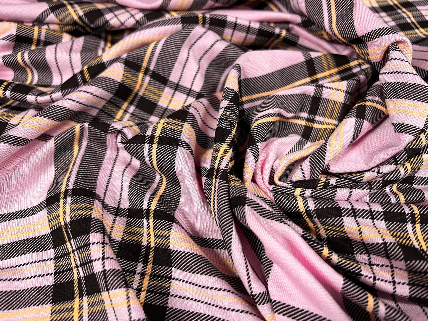 Viscose spandex stretch single jersey fabric, per metre - tartan check print - pink