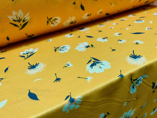 Valentino crepe spandex jersey fabric - similar to scuba - per metre - flower print - yellow & white