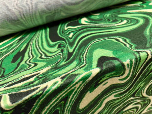 Soft handle single jersey dress  fabric, per metre - Retro swirl print - green & cream