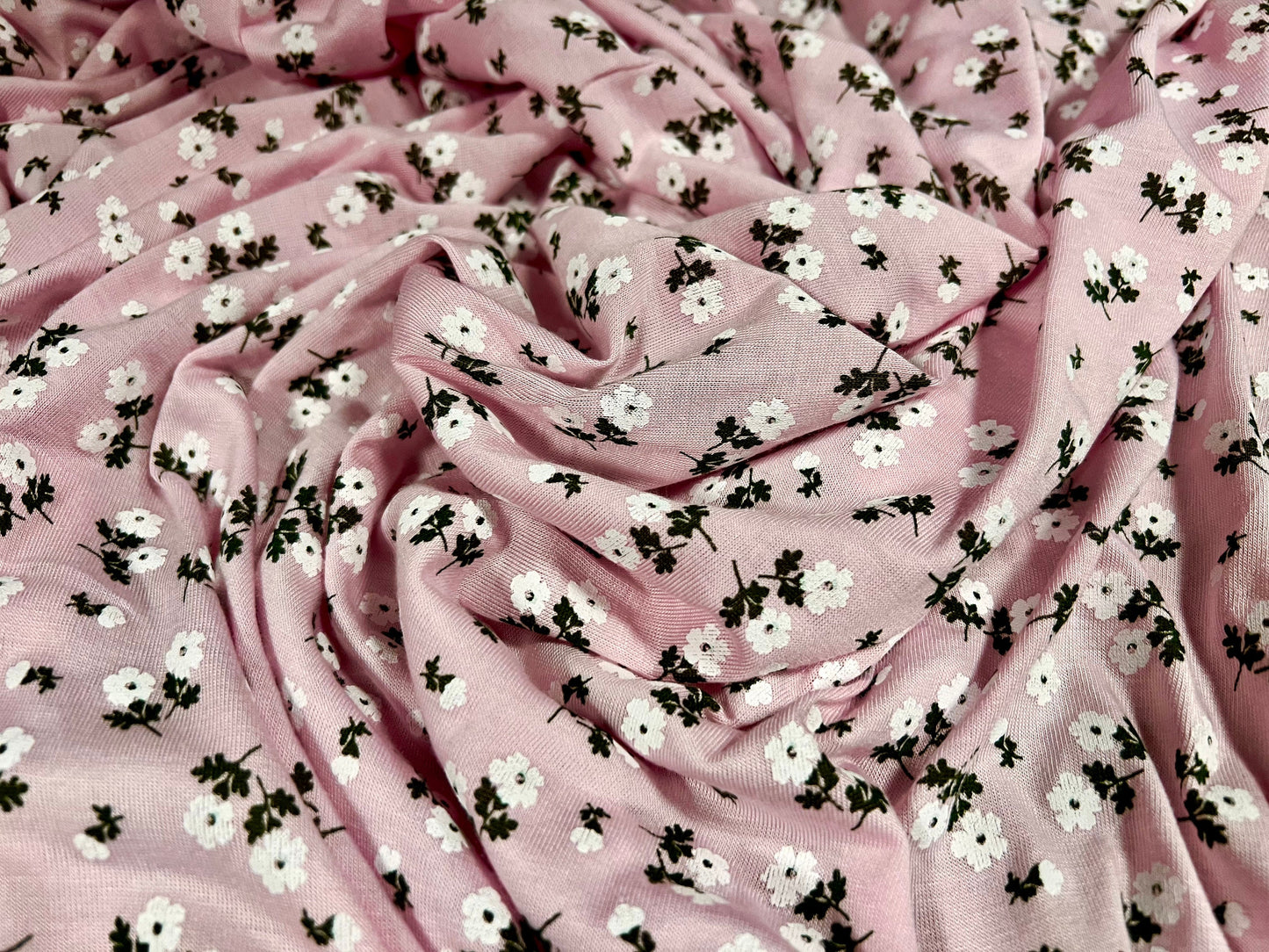 Viscose spandex stretch single jersey fabric, per metre - Ditsy flower print - baby pink