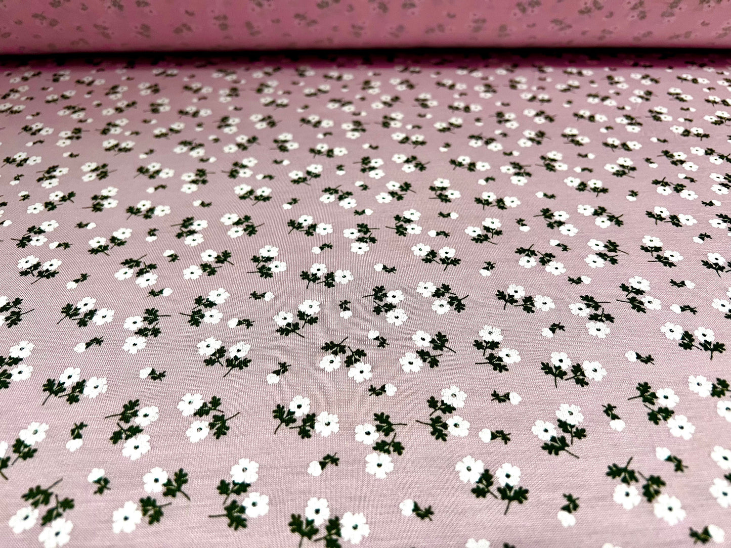 Viscose spandex stretch single jersey fabric, per metre - Ditsy flower print - baby pink