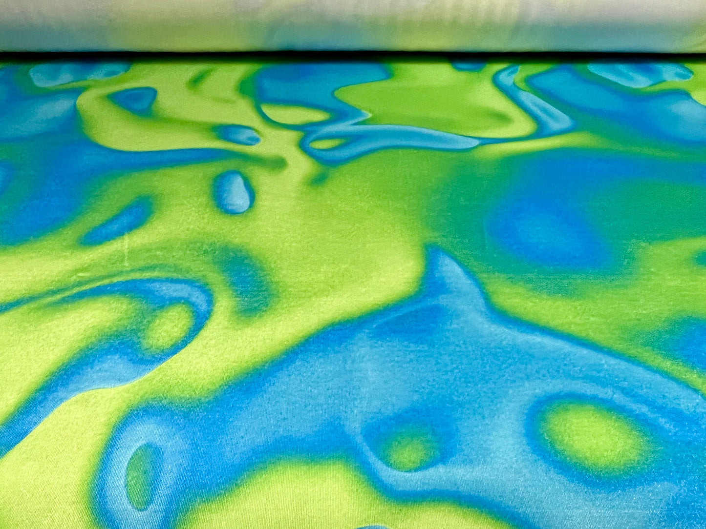 Soft touch stretch spandex single jersey fabric, per metre - smudge swirl print - green & blue