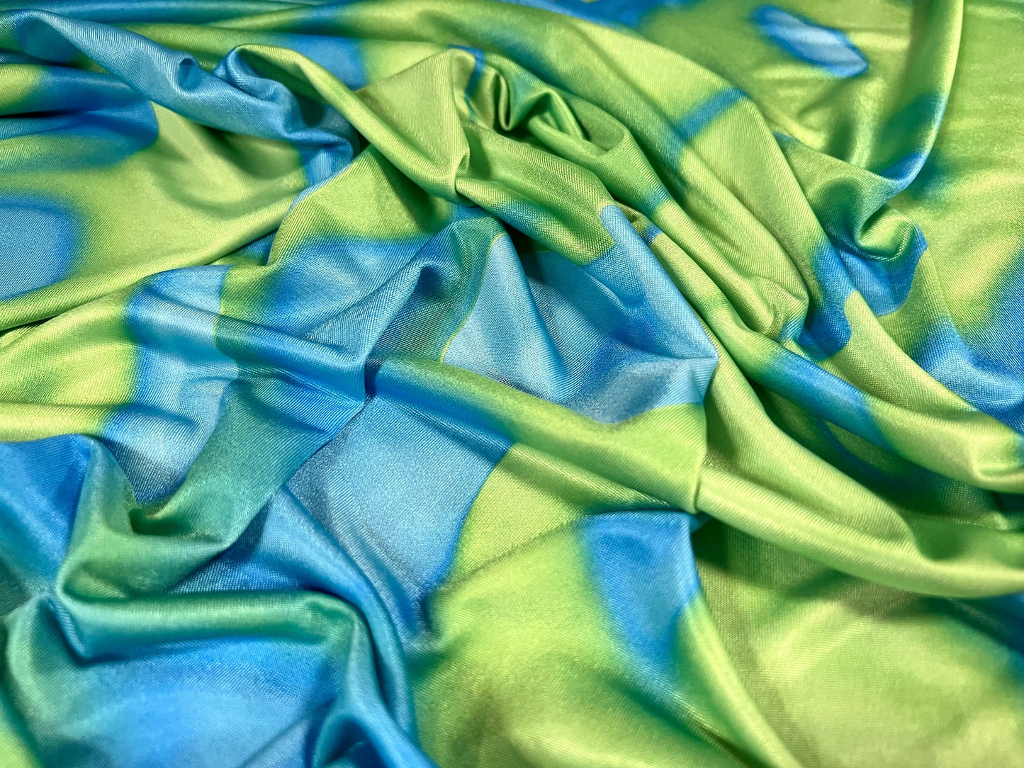 Soft touch stretch spandex single jersey fabric, per metre - smudge swirl print - green & blue